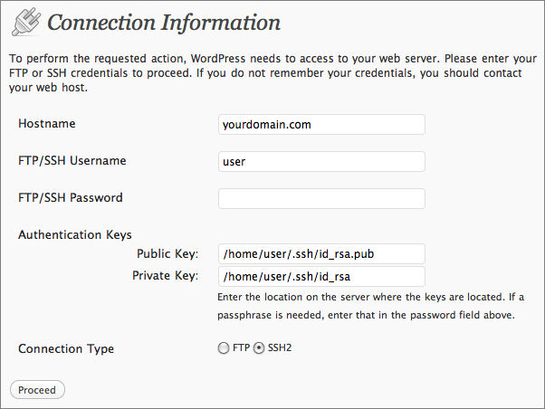 WordPress Connection Settings when SSH2 is installed